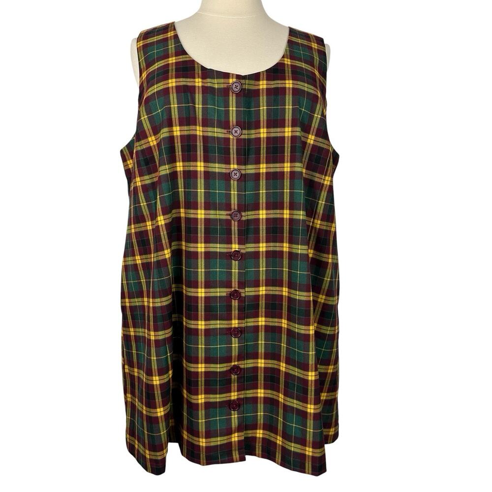 Plaid Button-Front Sleeveless Dress in Green and Burgundy